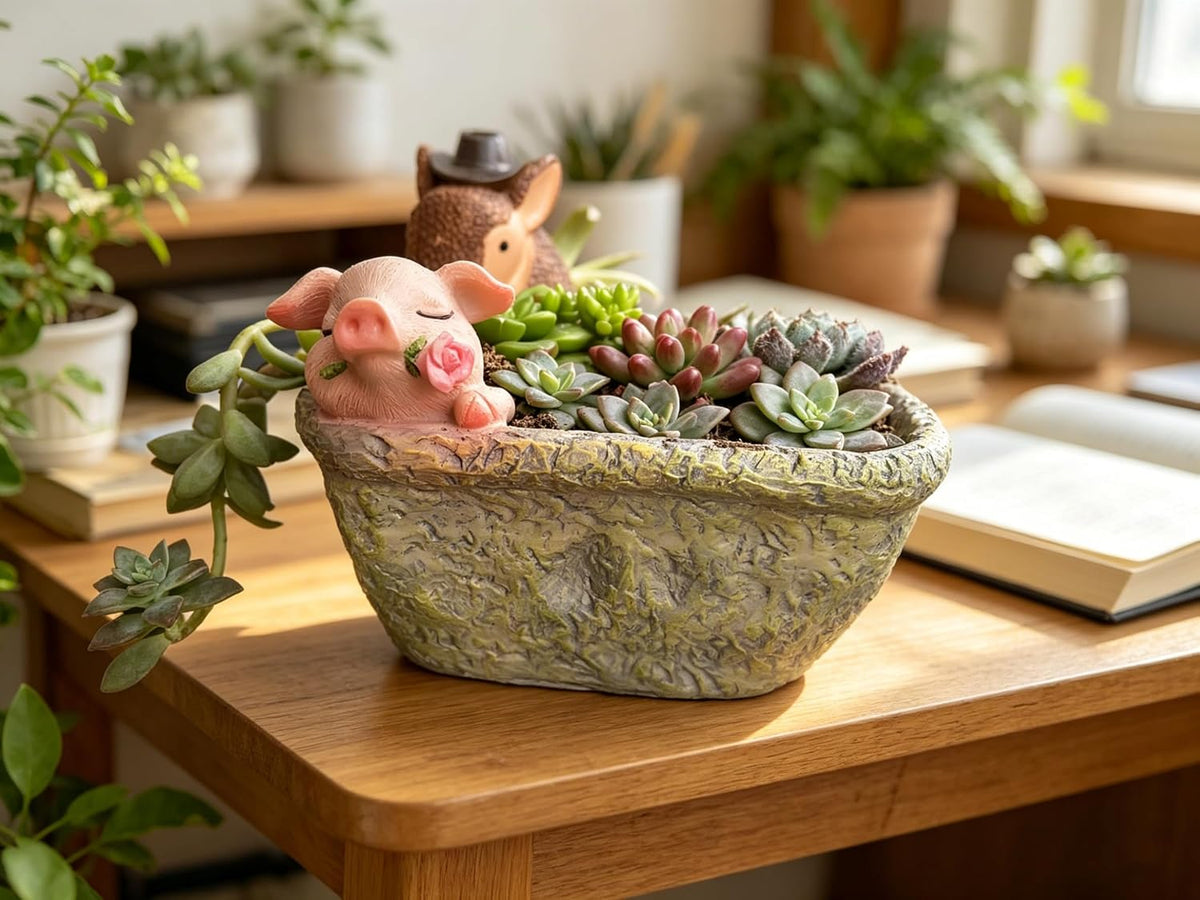 Cute Pig Gift Home Decor Pot, Succulent Planter Flowerpot Decor for Home Garden Office Desk Ormament, Fairy Garden Gift for Women Men