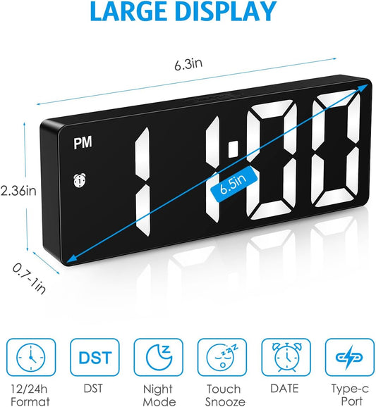 Digital Alarm Clock, LED Clock for Bedroom, Electronic Desk Clock with Type-C Port Adjustable Brightness DST Snooze 12/24H Display for Home Office