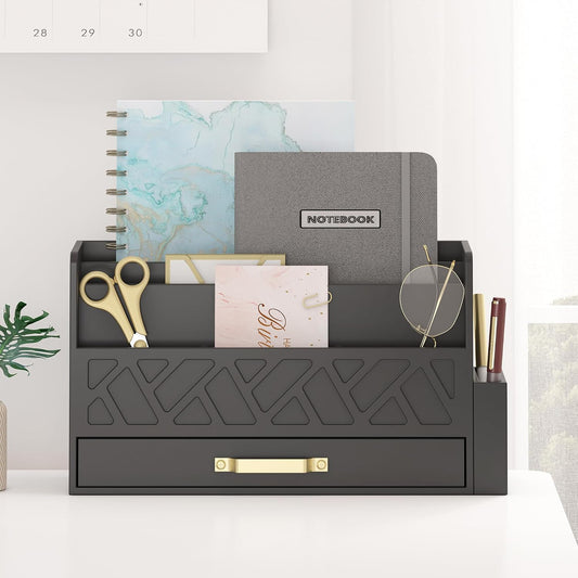 Wisuce Bamboo Mail Organizer Countertop with Drawer and Pen Holder, Black
