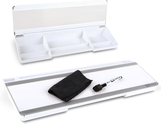 Glass Dry Erase White Board, Flip-Top Desktop Pad for Notetaking, 18" x 6" Whiteboard with Storage, Templates and Dry Erase Marker, White Surface (Q090F04-R)