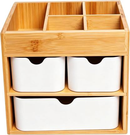Bamboo Makeup Organizer, 3-Drawer Vanity Storage with Dividers