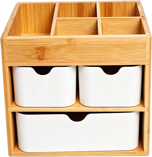Bamboo Makeup Organizer, 3-Drawer Vanity Storage with Dividers