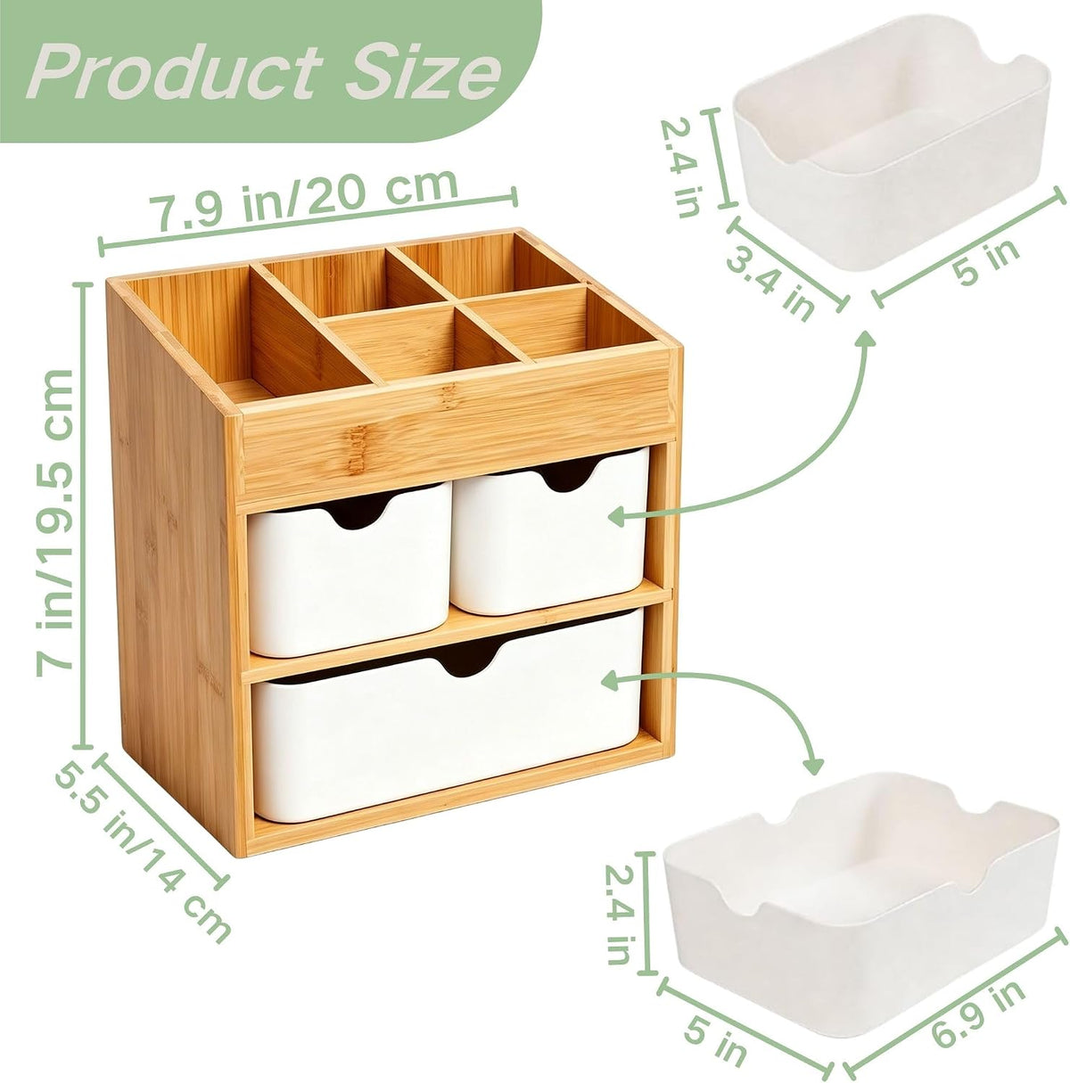 Bamboo Makeup Organizer, 3-Drawer Vanity Storage with Dividers