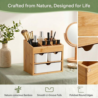 Bamboo Makeup Organizer, 3-Drawer Vanity Storage with Dividers