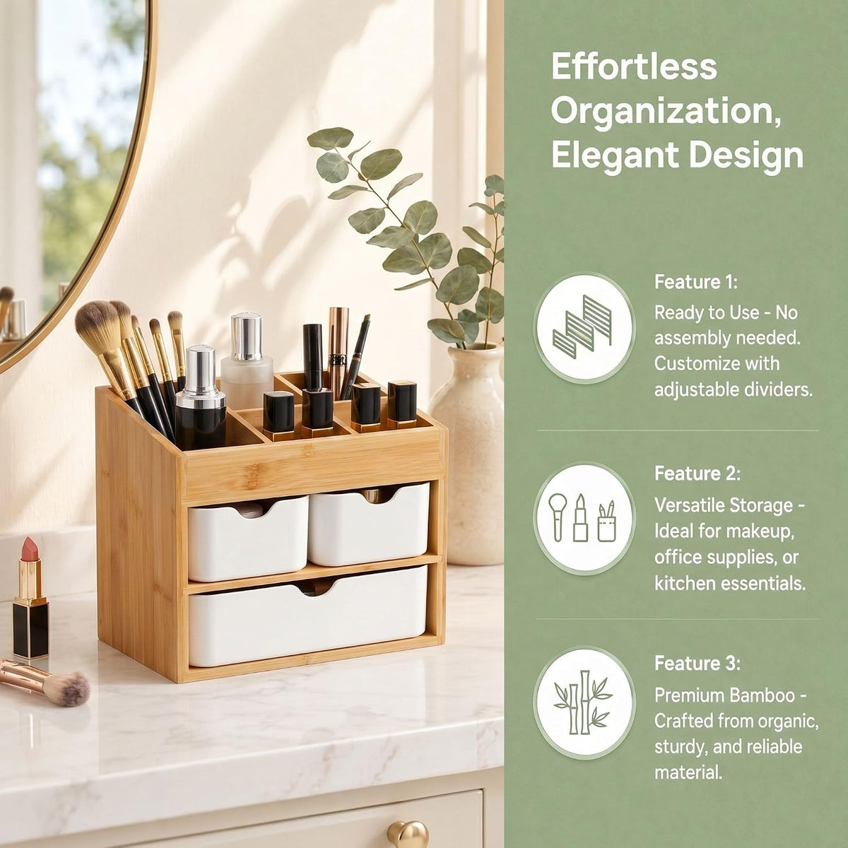 Bamboo Makeup Organizer, 3-Drawer Vanity Storage with Dividers