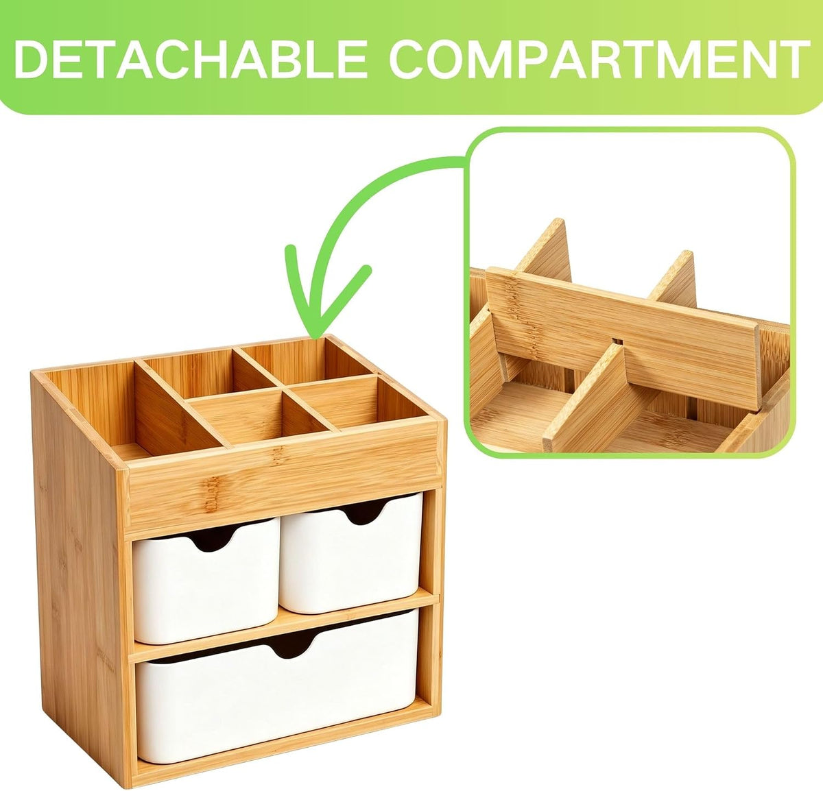 Bamboo Makeup Organizer, 3-Drawer Vanity Storage with Dividers