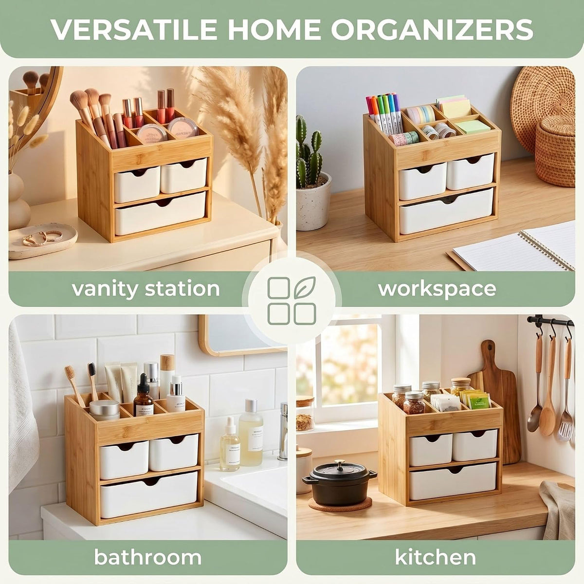 Bamboo Makeup Organizer, 3-Drawer Vanity Storage with Dividers