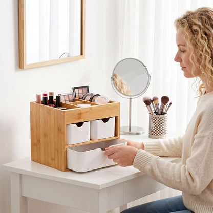 Bamboo Makeup Organizer, 3-Drawer Vanity Storage with Dividers