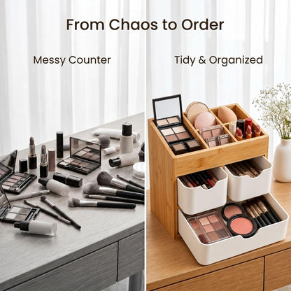 Bamboo Makeup Organizer, 3-Drawer Vanity Storage with Dividers