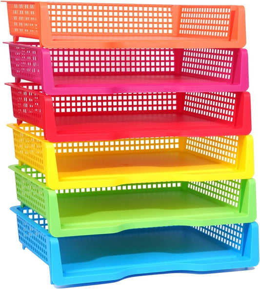 6 Pack Turn in Trays Classroom, Colorful Turn in Trays for Teachers, Plastic Classroom Paper Organizers, Stackable Tray for Classroom, Library, Drawers, Office Desk(13.4 * 9.5 * 2.7in)