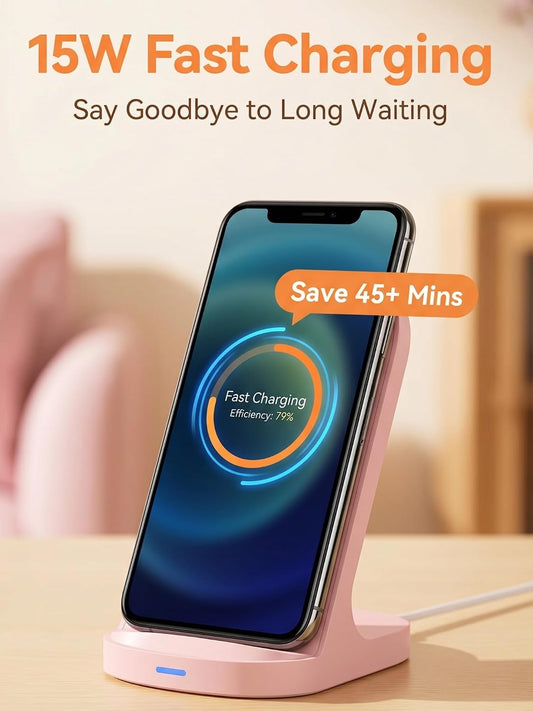 15W Fast Wireless Charger Wireless Phone Charger Stand Compatible with Apple iPhone 14 13 12/12 Pro Max/ 11Pro/11Pro Max, Compatible with Samsung Galaxy S22 S21 S20 (Rose Gold)