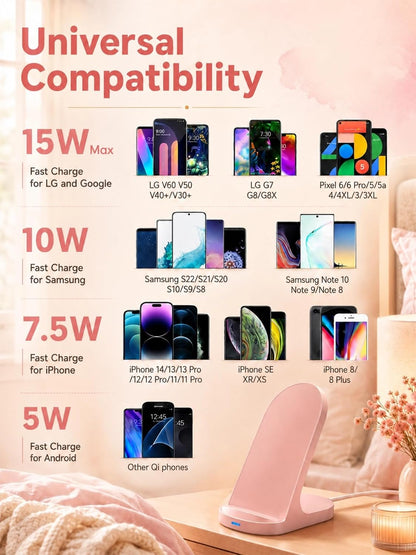 15W Fast Wireless Charger Wireless Phone Charger Stand Compatible with Apple iPhone 14 13 12/12 Pro Max/ 11Pro/11Pro Max, Compatible with Samsung Galaxy S22 S21 S20 (Rose Gold)