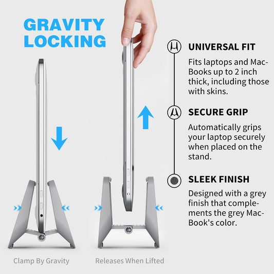 Vertical Laptop Stand with Gravity Locking – ABS Adjustable Laptop Holder Desktop Stand Compatible with MacBook, Surface, iPad, mini PC and More (Gray)