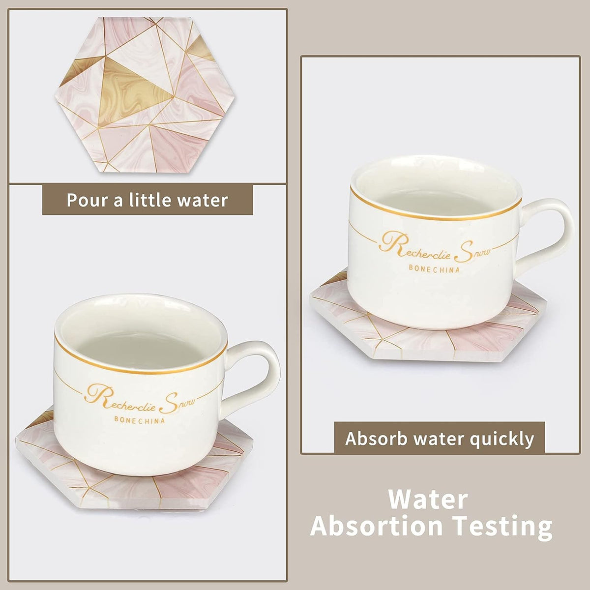 6 Pcs Cute Pink Absorbent Marble Coasters for Drink with Holder Coster Set