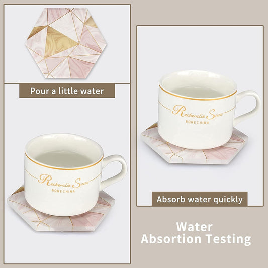 6 Pcs Cute Pink Absorbent Marble Coasters for Drink with Holder Coster Set