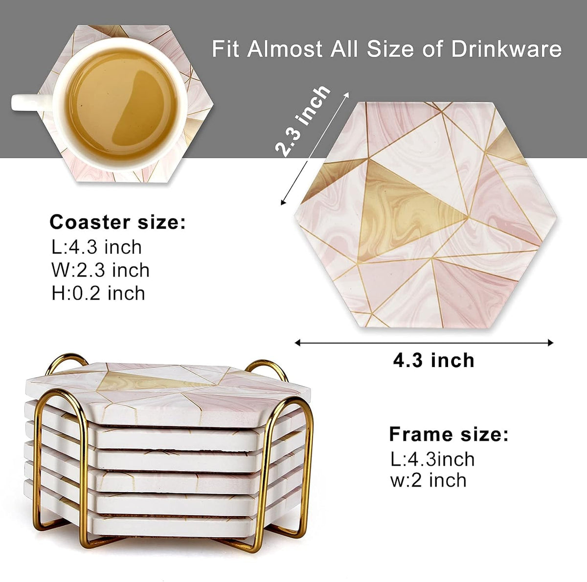 6 Pcs Cute Pink Absorbent Marble Coasters for Drink with Holder Coster Set