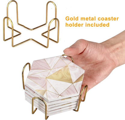 6 Pcs Cute Pink Absorbent Marble Coasters for Drink with Holder Coster Set