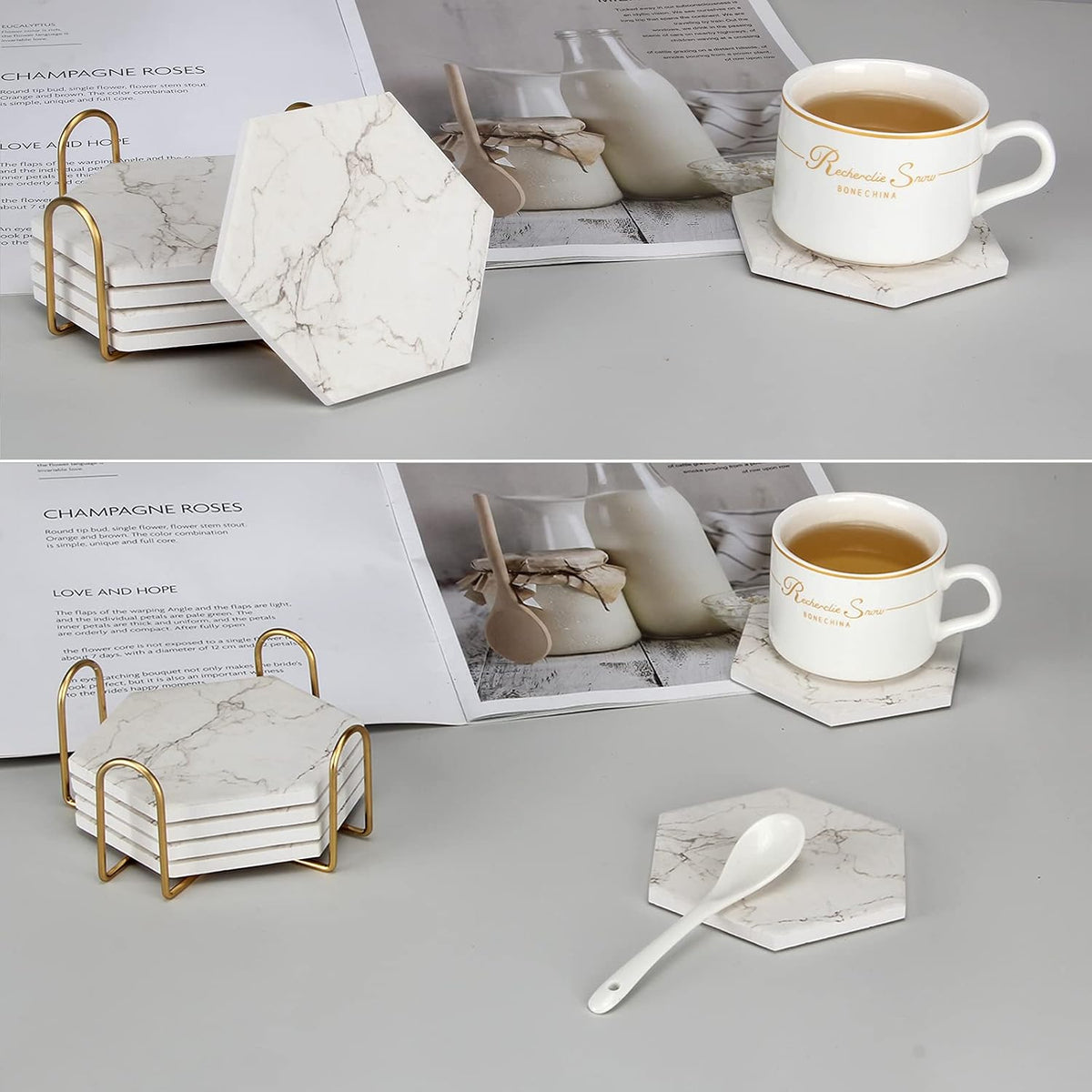 6 Pcs Cute Pink Absorbent Marble Coasters for Drink with Holder Coster Set