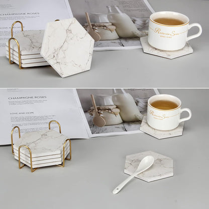 6 Pcs Cute Pink Absorbent Marble Coasters for Drink with Holder Coster Set