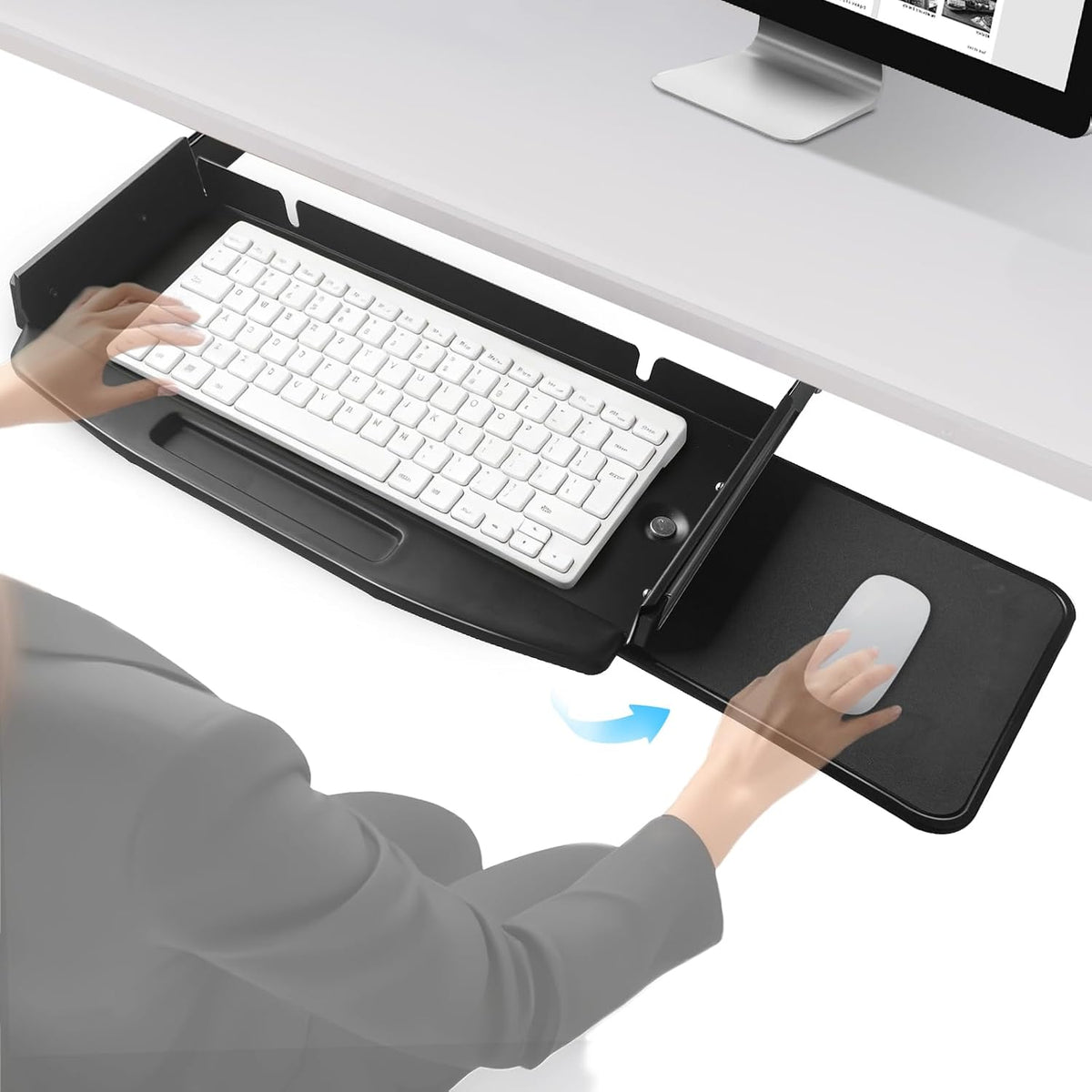 Solid Steel Under Desk Keyboard Tray Slide Out with 360° Rotating Mouse Platform,Keyboard Shelf Sliding,Under Desk Mounted Keyboard Holder,Under Desk Keyboard Drawer 28"Lx11"W