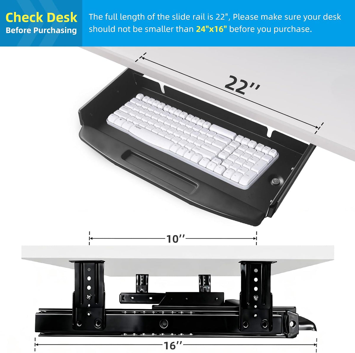 Solid Steel Under Desk Keyboard Tray Slide Out with 360° Rotating Mouse Platform,Keyboard Shelf Sliding,Under Desk Mounted Keyboard Holder,Under Desk Keyboard Drawer 28"Lx11"W