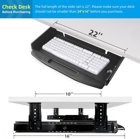 Solid Steel Under Desk Keyboard Tray Slide Out with 360° Rotating Mouse Platform,Keyboard Shelf Sliding,Under Desk Mounted Keyboard Holder,Under Desk Keyboard Drawer 28"Lx11"W