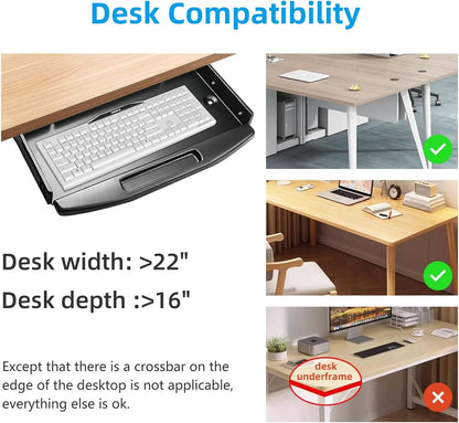 Solid Steel Under Desk Keyboard Tray Slide Out with 360° Rotating Mouse Platform,Keyboard Shelf Sliding,Under Desk Mounted Keyboard Holder,Under Desk Keyboard Drawer 28"Lx11"W