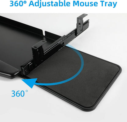 Solid Steel Under Desk Keyboard Tray Slide Out with 360° Rotating Mouse Platform,Keyboard Shelf Sliding,Under Desk Mounted Keyboard Holder,Under Desk Keyboard Drawer 28"Lx11"W