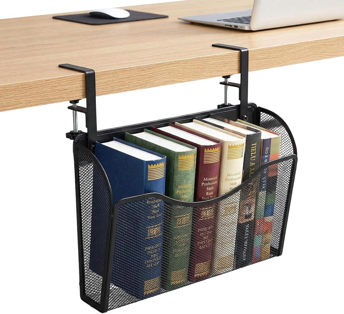 Under Desk Drawer Clamp On Mesh Metal Desk Side Storage Hanging Organizer with Adjustable F-Clamp for Office Home, Black