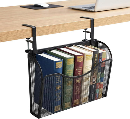 Under Desk Drawer Clamp On Mesh Metal Desk Side Storage Hanging Organizer with Adjustable F-Clamp for Office Home, Black