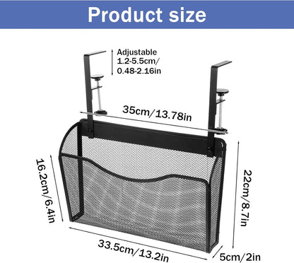 Under Desk Drawer Clamp On Mesh Metal Desk Side Storage Hanging Organizer with Adjustable F-Clamp for Office Home, Black