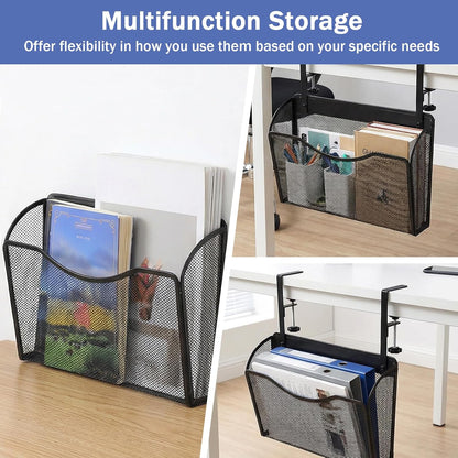 Under Desk Drawer Clamp On Mesh Metal Desk Side Storage Hanging Organizer with Adjustable F-Clamp for Office Home, Black