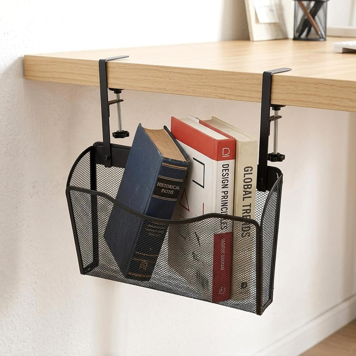 Under Desk Drawer Clamp On Mesh Metal Desk Side Storage Hanging Organizer with Adjustable F-Clamp for Office Home, Black