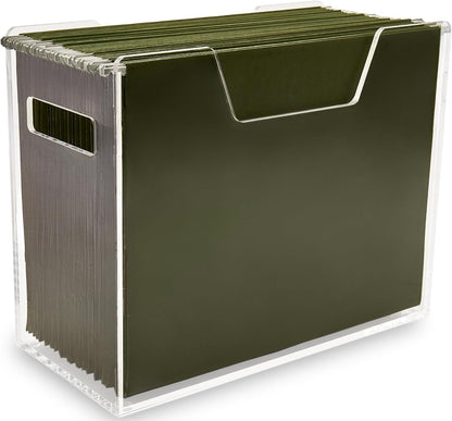 Acrylic File Holder - Clear Hanging File Organizer Box, Modern Acrylic File Folder Organizer, Lucite Hanging File Crate Bin with handles, Transparent Desktop File Folder Box for Letter Size