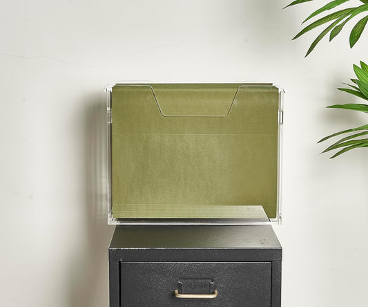 Acrylic File Holder - Clear Hanging File Organizer Box, Modern Acrylic File Folder Organizer, Lucite Hanging File Crate Bin with handles, Transparent Desktop File Folder Box for Letter Size