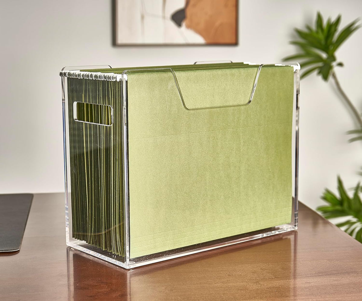 Acrylic File Holder - Clear Hanging File Organizer Box, Modern Acrylic File Folder Organizer, Lucite Hanging File Crate Bin with handles, Transparent Desktop File Folder Box for Letter Size