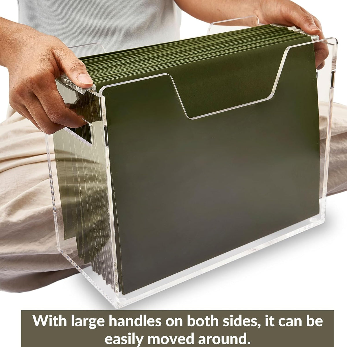 Acrylic File Holder - Clear Hanging File Organizer Box, Modern Acrylic File Folder Organizer, Lucite Hanging File Crate Bin with handles, Transparent Desktop File Folder Box for Letter Size