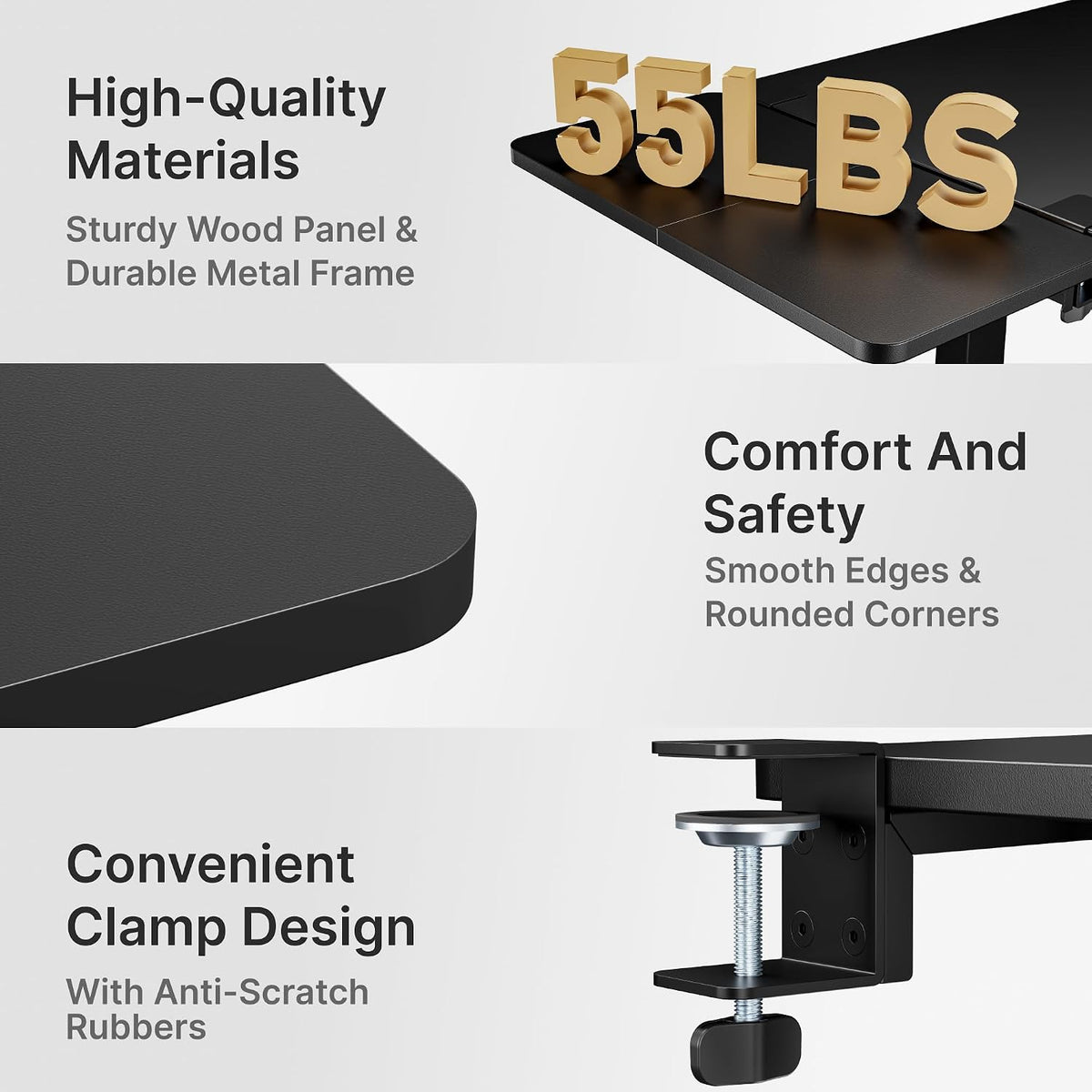 Desk Extender Tray, 24" x 12", with Storage Drawer, Medium, Black