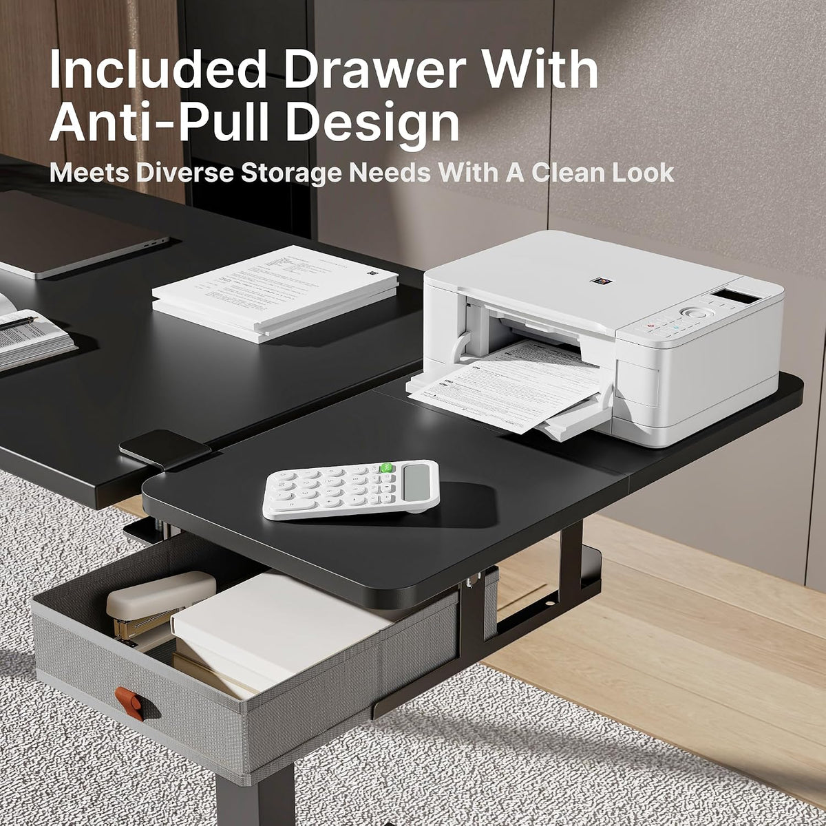 Desk Extender Tray, 24" x 12", with Storage Drawer, Medium, Black
