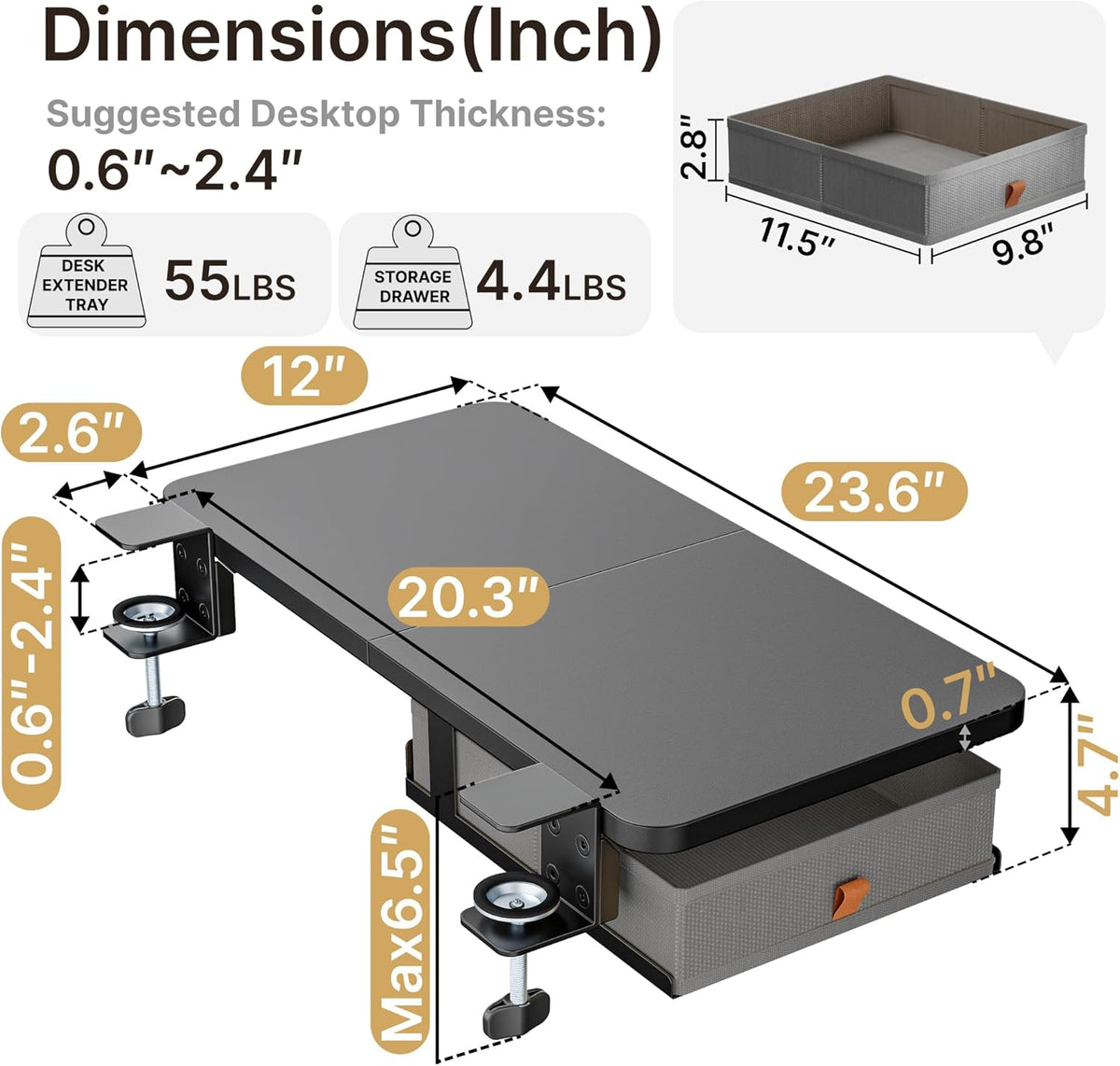 Desk Extender Tray, 24" x 12", with Storage Drawer, Medium, Black