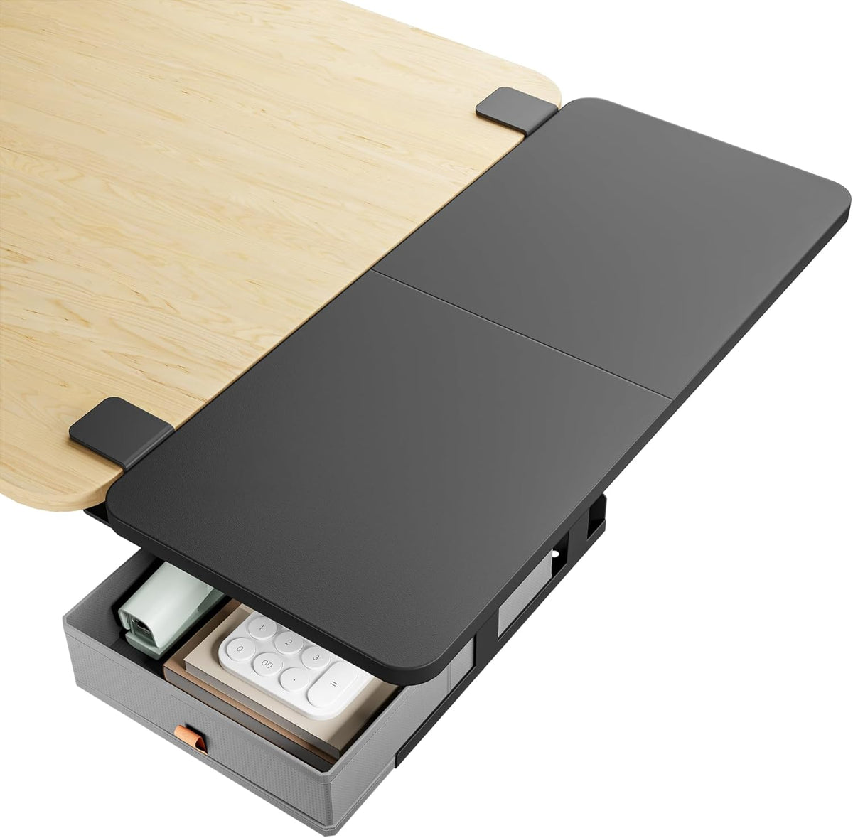 Desk Extender Tray, 24" x 12", with Storage Drawer, Medium, Black