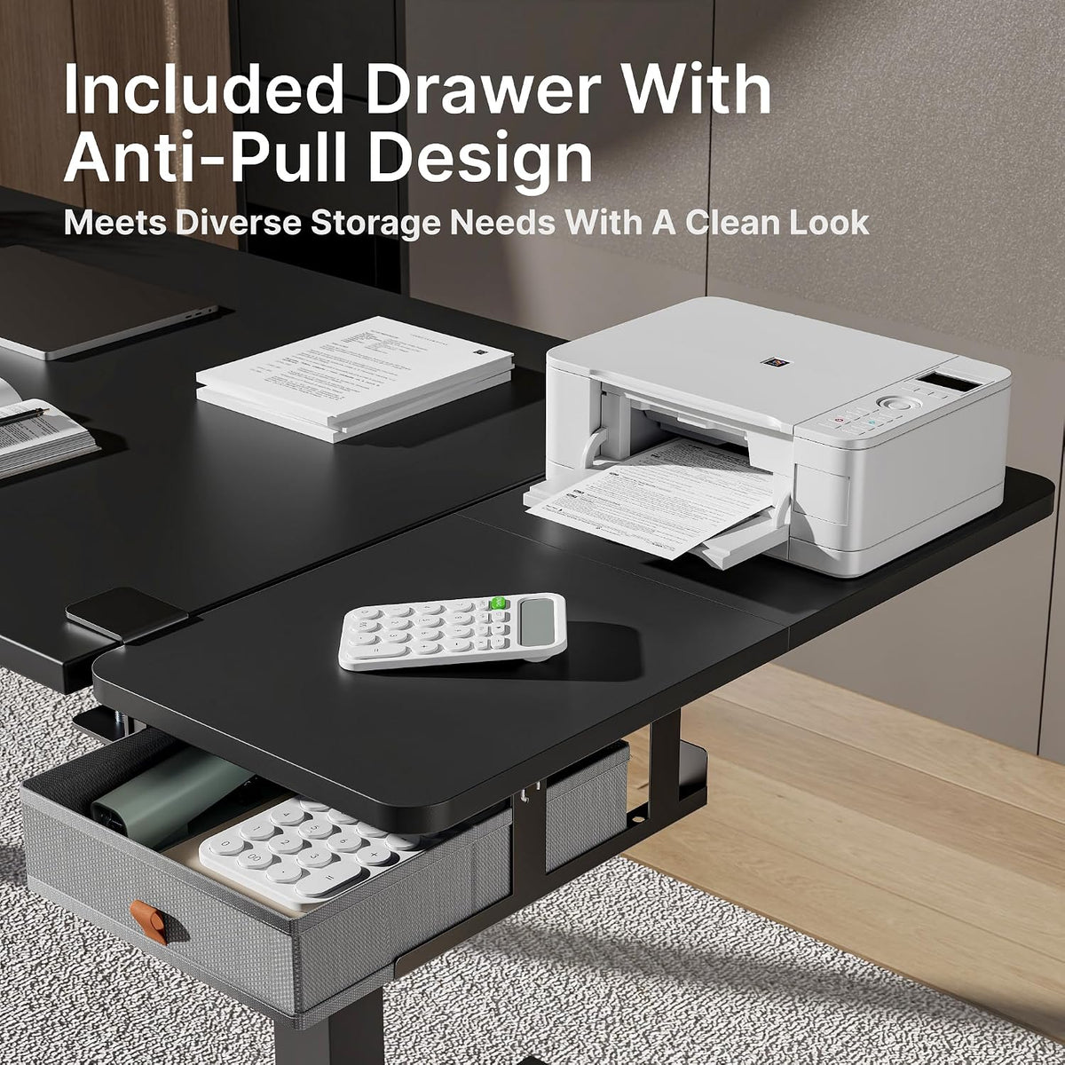 Desk Extender Tray, 24" x 12", with Storage Drawer, Medium, Black