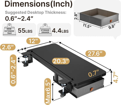 Desk Extender Tray, 24" x 12", with Storage Drawer, Medium, Black