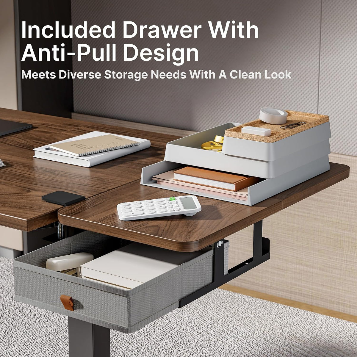 Desk Extender Tray, 24" x 12", with Storage Drawer, Medium, Black