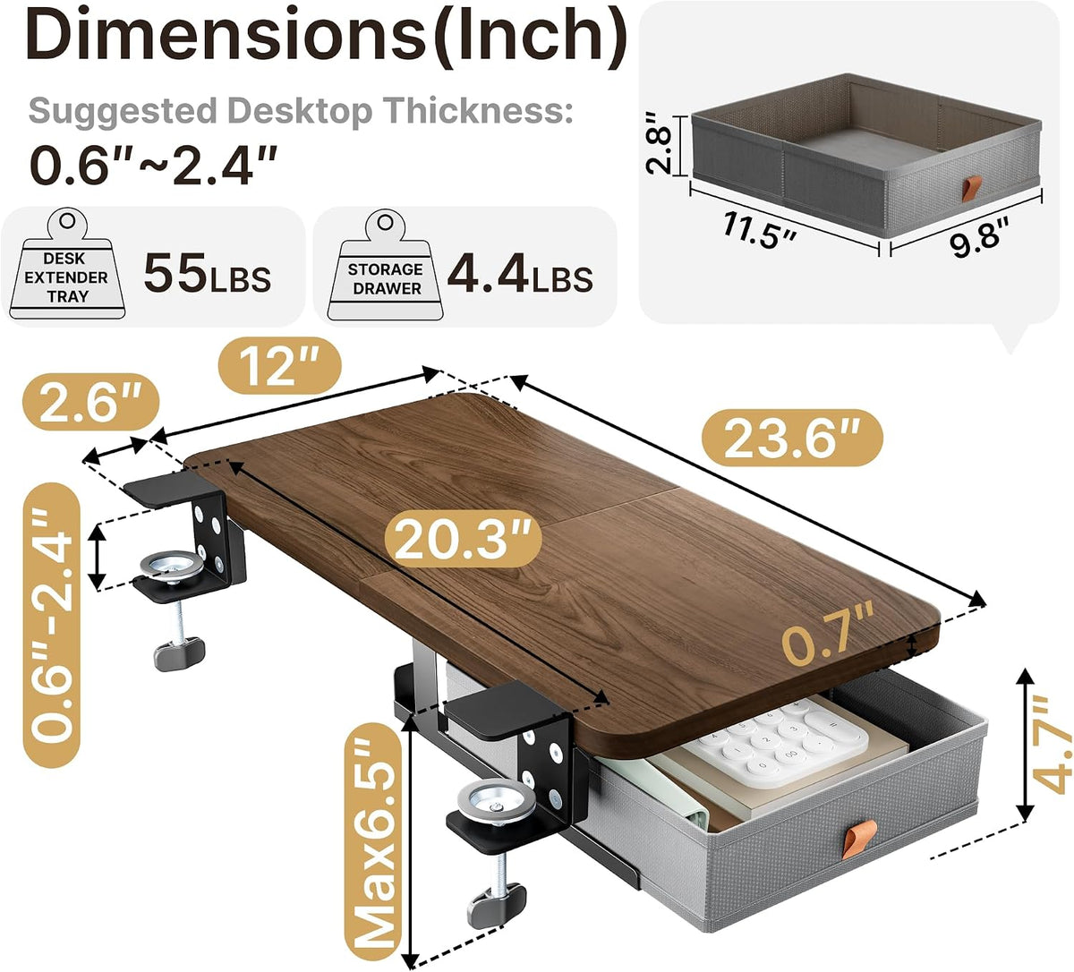 Desk Extender Tray, 24" x 12", with Storage Drawer, Medium, Black