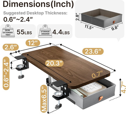 Desk Extender Tray, 24" x 12", with Storage Drawer, Medium, Black