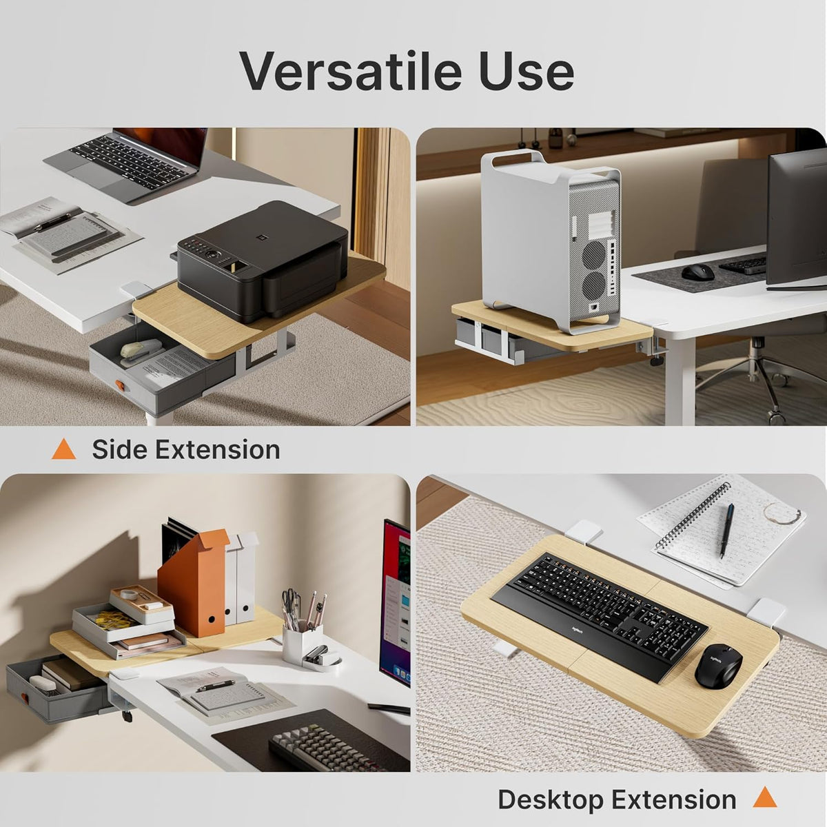 Desk Extender Tray, 24" x 12", with Storage Drawer, Medium, Black