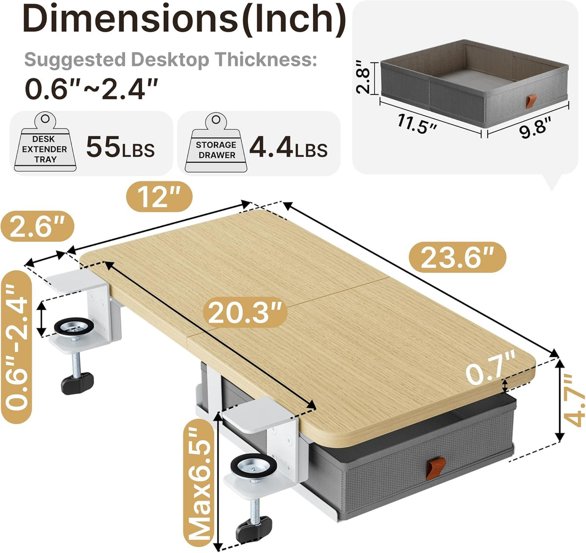 Desk Extender Tray, 24" x 12", with Storage Drawer, Medium, Black