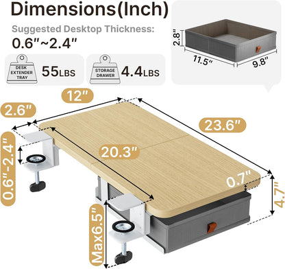 Desk Extender Tray, 24" x 12", with Storage Drawer, Medium, Black