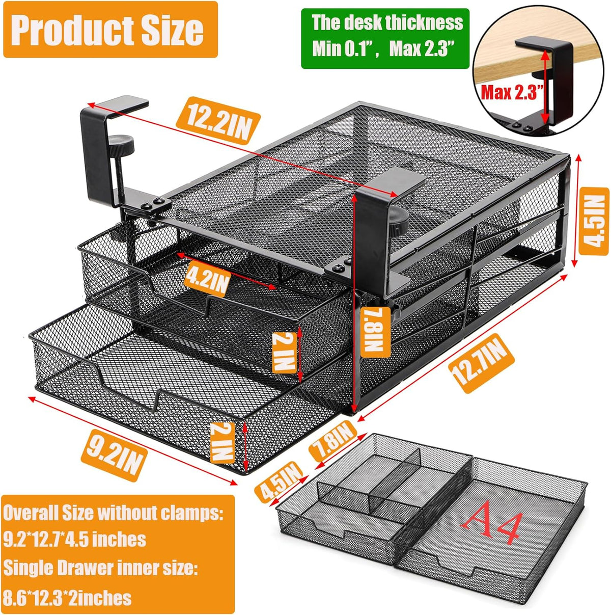 Under Desk Drawer Organizer Slide Out, 2-Tier Metal Under Table Storage Drawers Clamp On for Home Office, Black, No Drilling